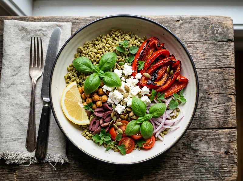 Mediterraner Grünkern-Bowl mit Zitronen-Paprika und Feta