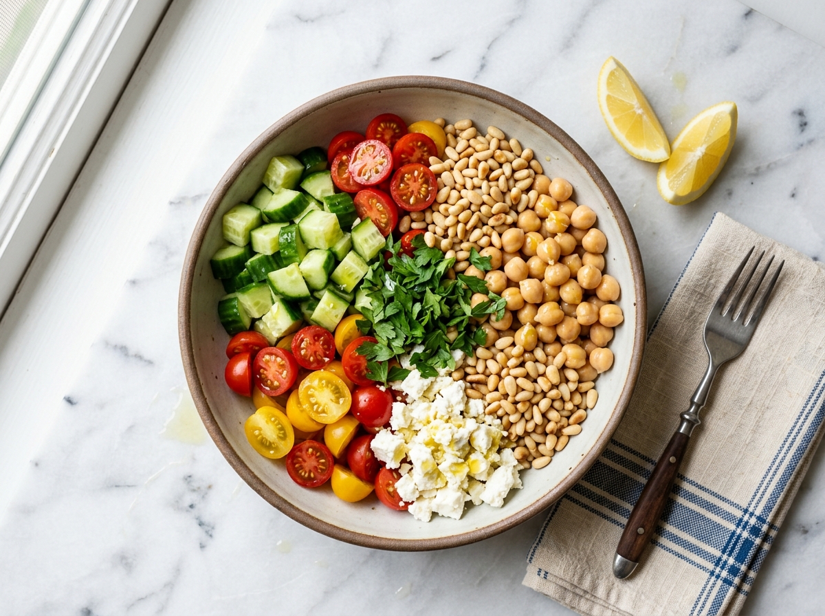 Mediterraner Kichererbsen-Gurken-Bowl mit Zitronenvinaigrette