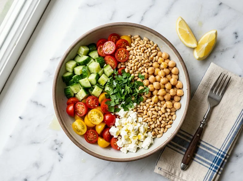 Mediterraner Kichererbsen-Gurken-Bowl mit Zitronenvinaigrette