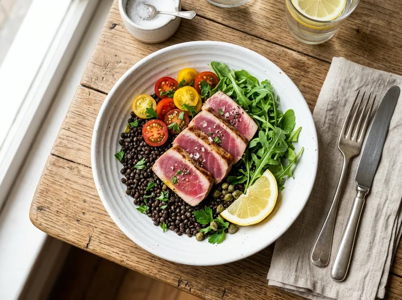Mediterraner Linsen-Thunfisch-Bowl mit Zitrone und frischen Kräutern