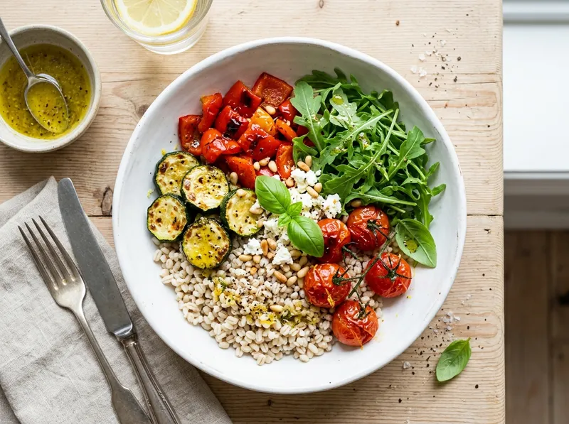 Mediterraner Perlgraupen-Bowl mit geröstetem Gemüse und Zitronen-Basilikum-Vinaigrette
