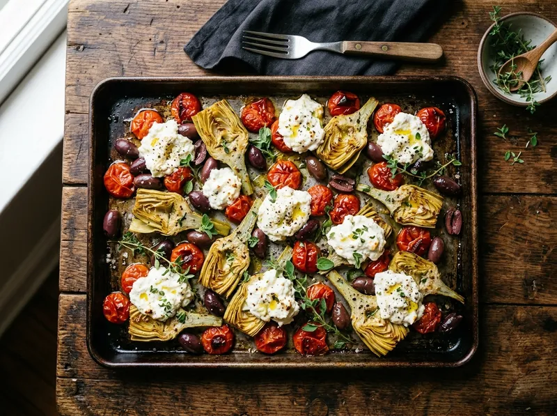 Mediterranes Ofenblech mit Artischocken, Kirschtomaten und Zitronenricotta