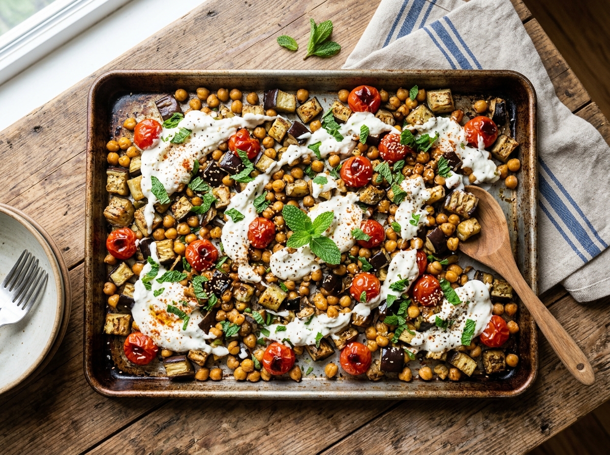 Mediterranes Ofenblech mit Auberginen, Kichererbsen und Feta-Minz-Crema