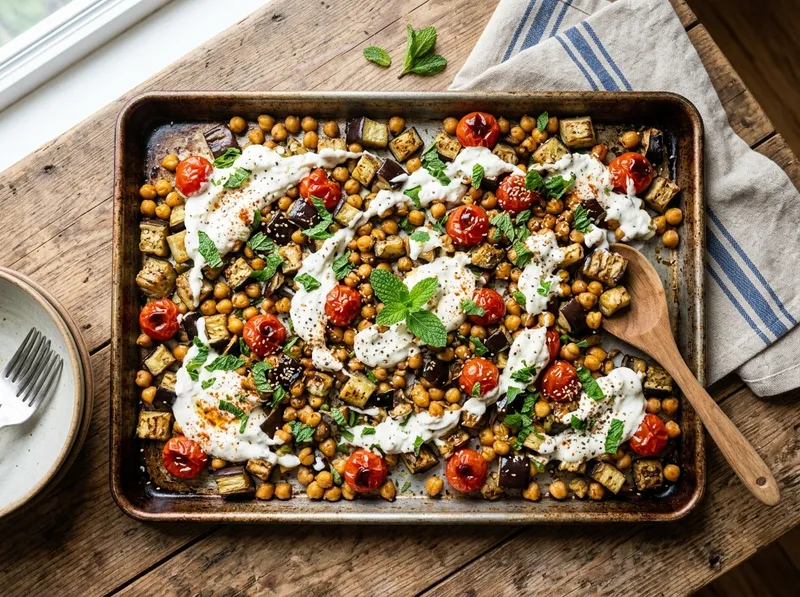 Mediterranes Ofenblech mit Auberginen, Kichererbsen und Feta-Minz-Crema
