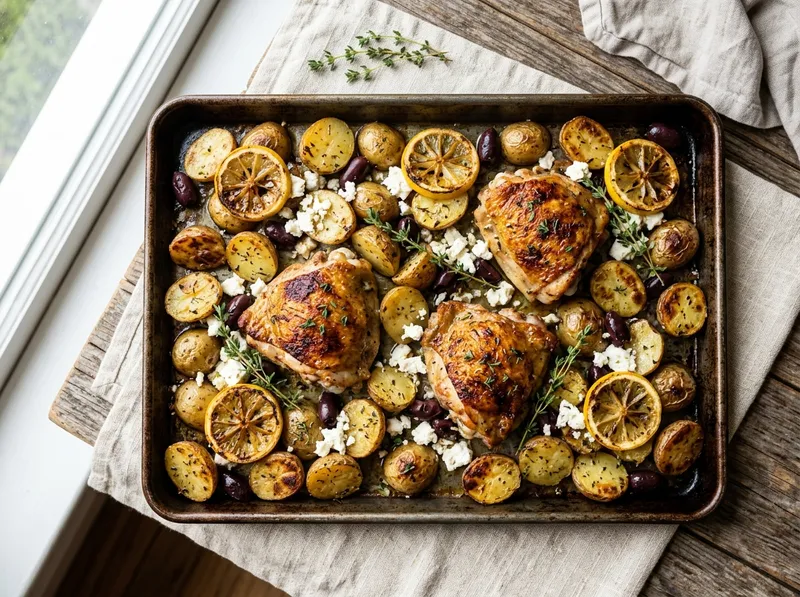 Mediterranes Ofenblech mit Feta-Zitronen-Hähnchen und knusprigen Kräuter-Kartoffeln