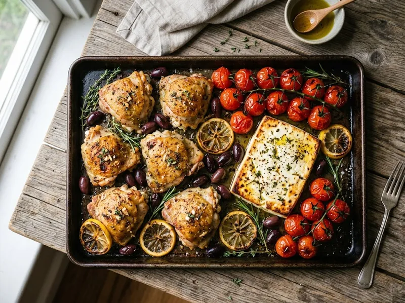 Mediterranes Ofenblech mit Hähnchen, Oliven und Zitronen-Feta