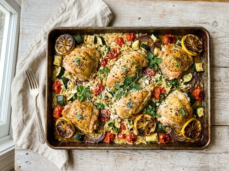 Mediterranes Ofenblech mit Hähnchen, Zucchini und Zitronenorzo