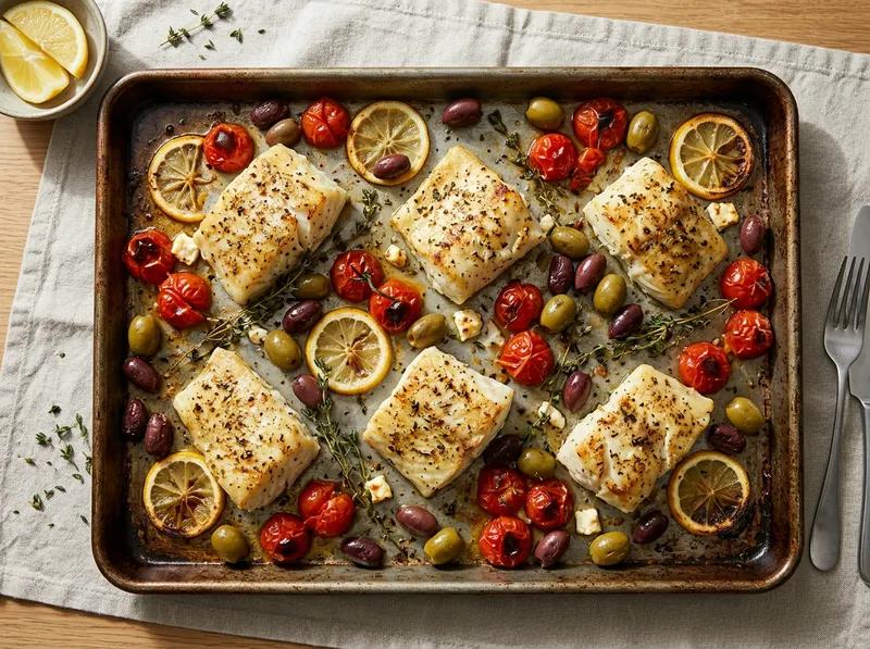 Mediterranes Ofenblech mit Kabeljau, Kirschtomaten und Oliven