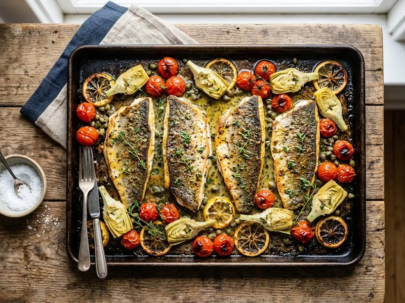 Mediterranes Ofenblech mit Seebarsch, Artischocken und Zitronen-Kapern-Butter