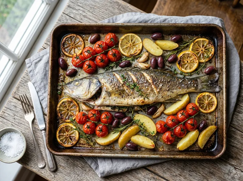 Mediterranes Ofenblech mit Seebarsch, Kirschtomaten und Zitronenthymian