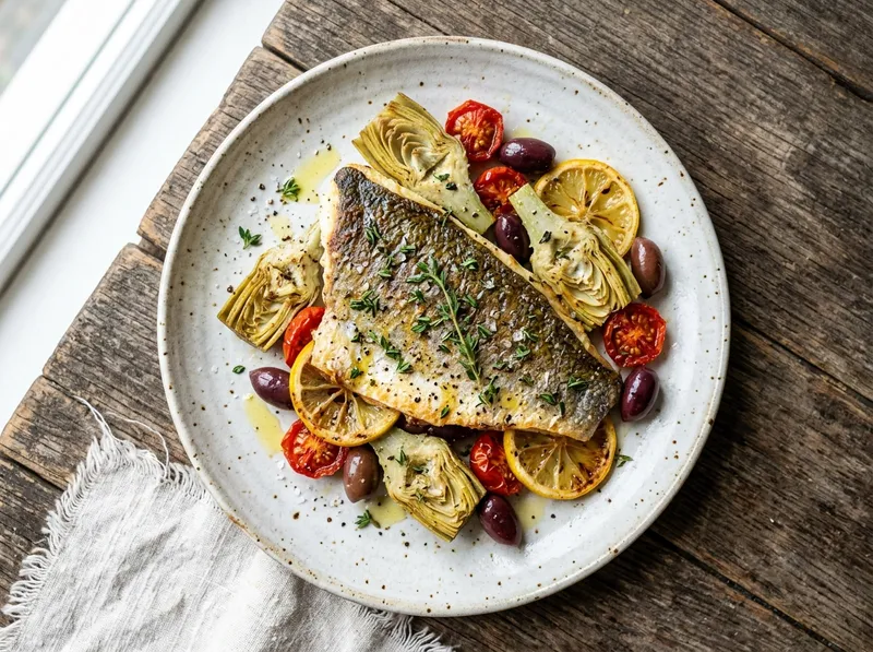 Mediterranes Ofenblech mit Wolfsbarsch und Artischockenherzen