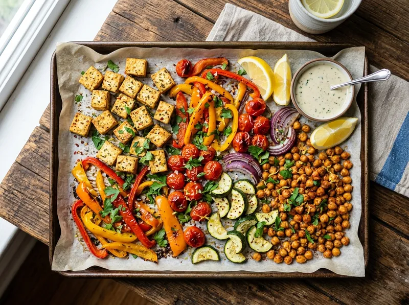 Mediterranes Ofenblech mit Zitronentofu und Paprika-Kichererbsen