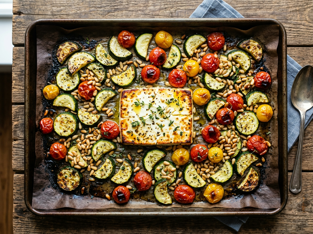 Mediterranes Ofenblech mit Zucchini, Feta und Pinienkernen