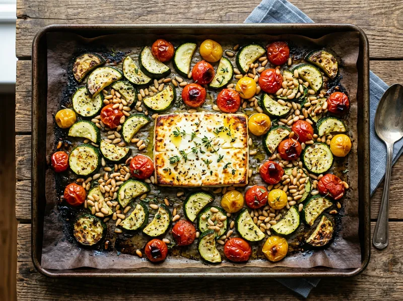 Mediterranes Ofenblech mit Zucchini, Feta und Pinienkernen