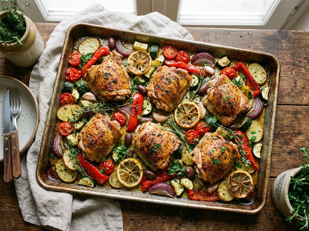 Mediterranes Ofengemüse mit Hähnchen und Zitronen-Oregano