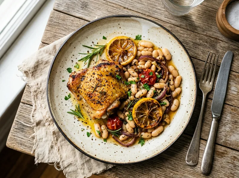 Ofenblech mit Cannellini-Bohnen, Rosmarin-Hähnchen und knuspriger Zitrone