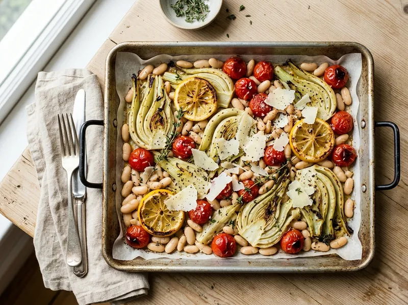 Ofenblech mit Fenchel, weißen Bohnen und Zitronenthymian