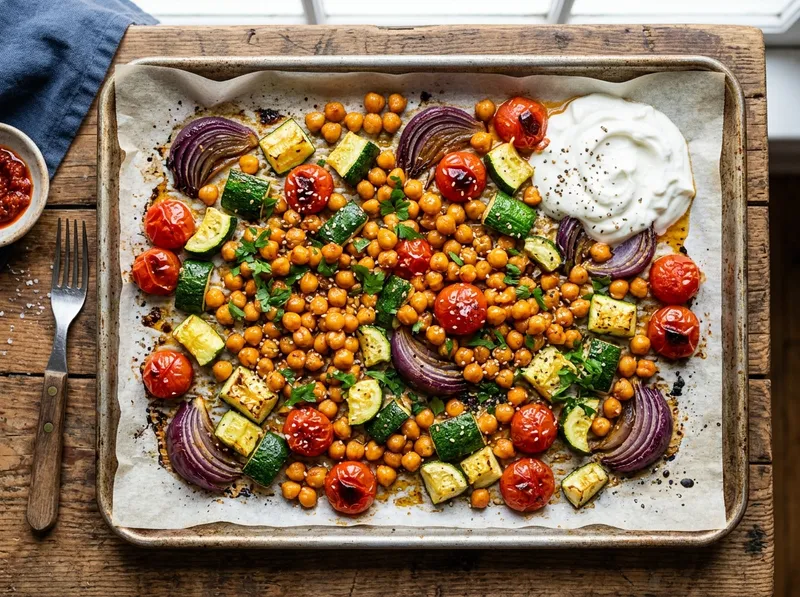 Ofenblech mit Honig-Harissa-Kichererbsen und buntem Gemüse