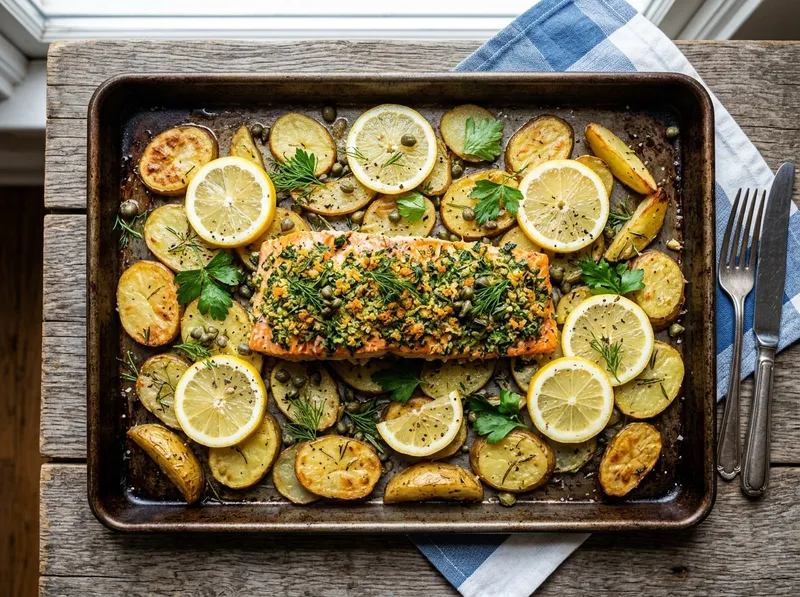 Ofenblech mit Mediterrane Kräuterlachs und Zitronen-Kapern-Kartoffeln
