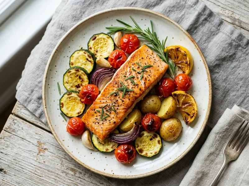 Ofenblech mit Rosmarin-Lachs und mediterranem Gemüse