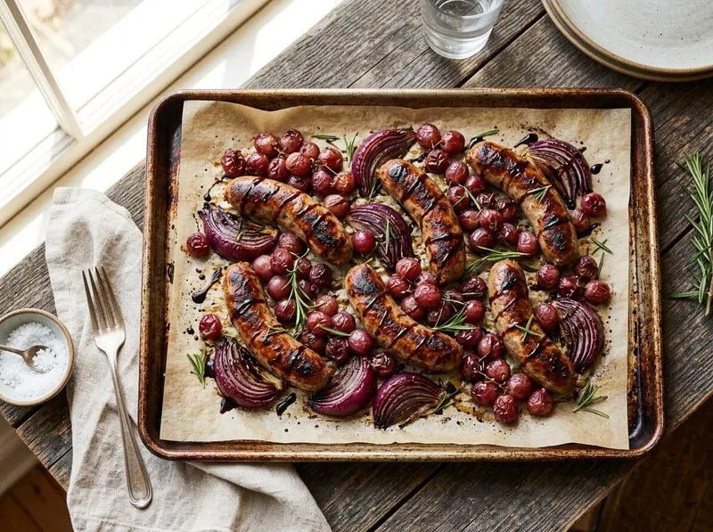 Ofenblech mit Salsiccia, Trauben und Rosmarin