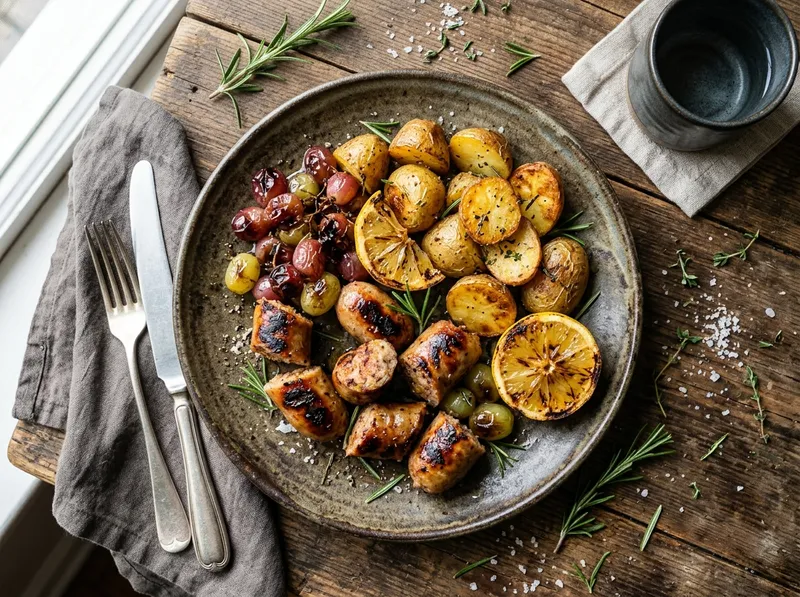 Ofenblech mit Salsiccia, Trauben und Zitrone