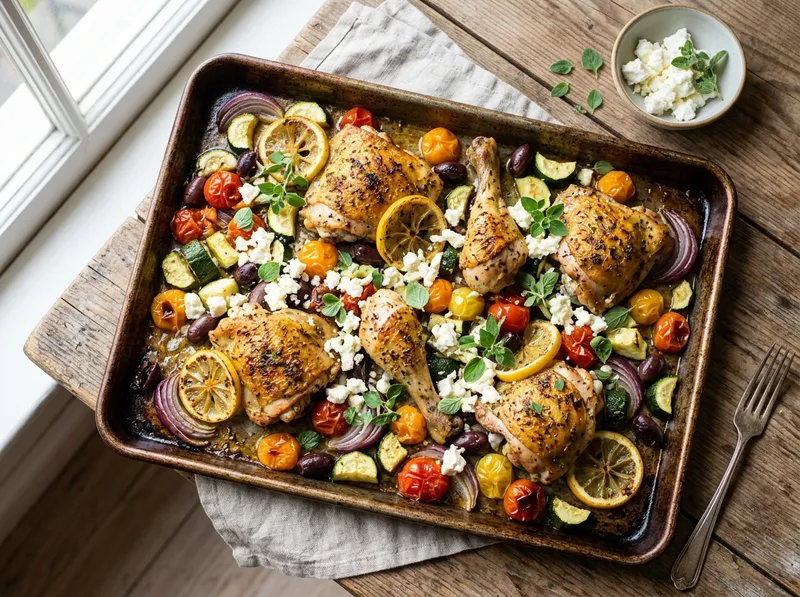 Ofenblech mit Zitronen-Feta-Hähnchen und mediterranem Ofengemüse