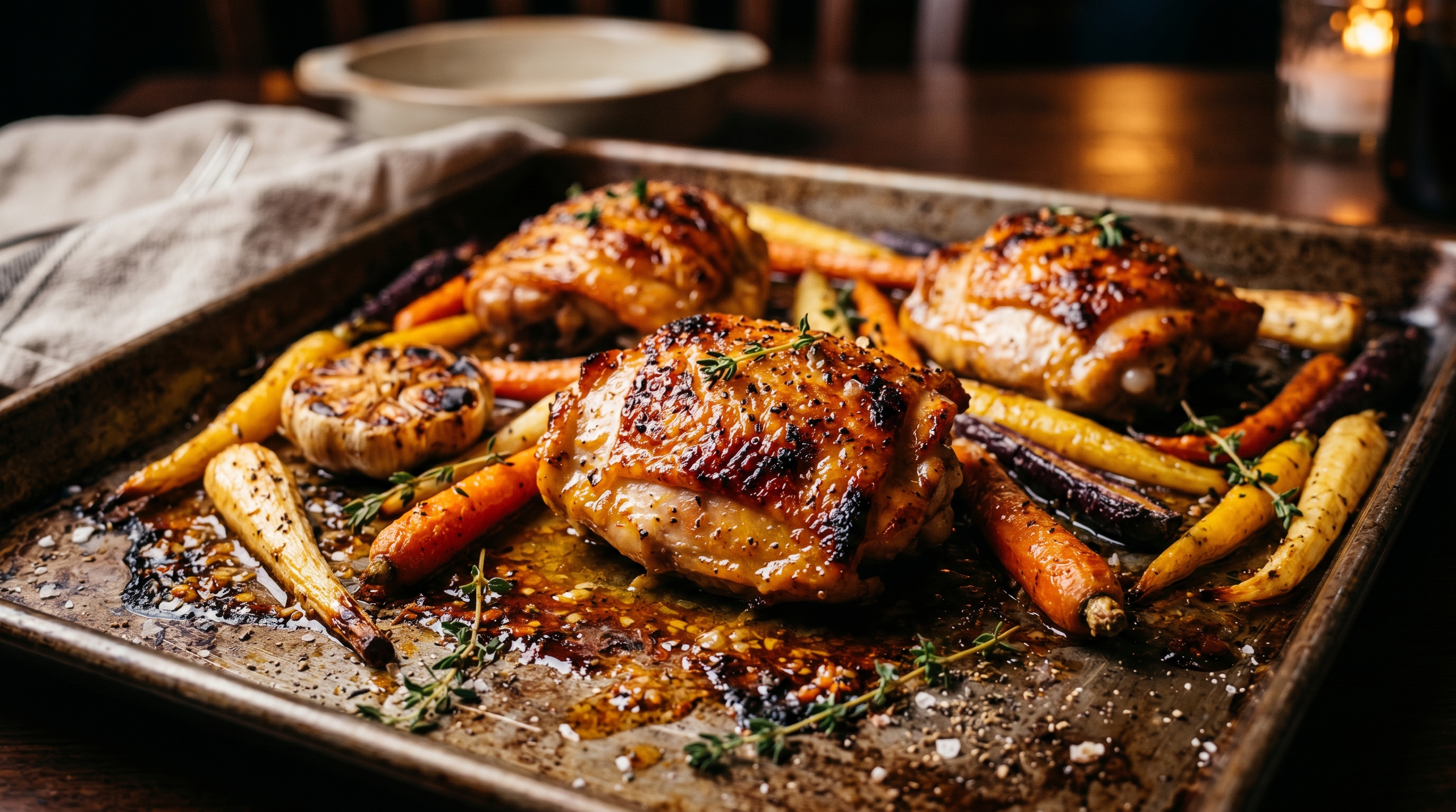 Ofengebackenes Hähnchen mit Honig-Senf-Glasur und buntem Wurzelgemüse