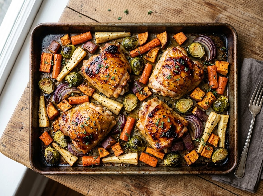 Ofengebackenes Hähnchen mit Honig-Senf-Glasur und buntem Wurzelgemüse