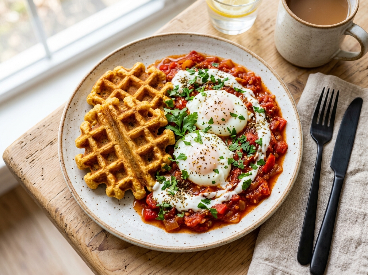 Orientalische Shakshuka-Waffeln mit Za'atar-Joghurt