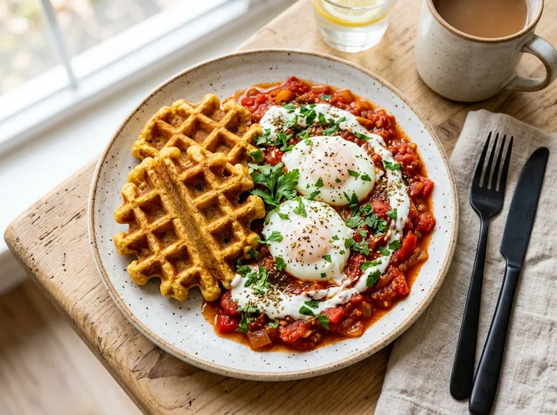 Orientalische Shakshuka-Waffeln mit Za'atar-Joghurt