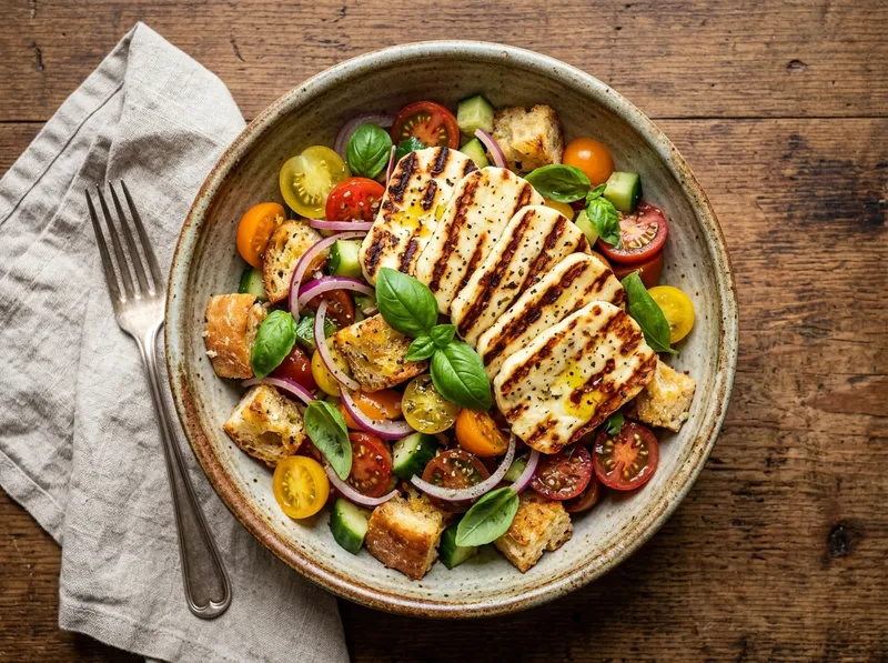 Panzanella mit gegrilltem Halloumi und Basilikum-Olivenöl