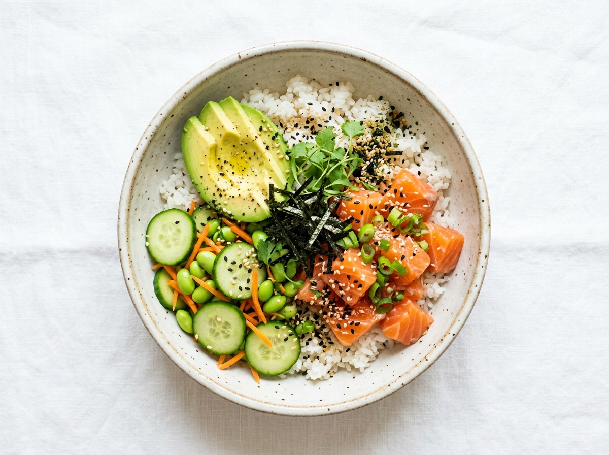 Lachs Poke Bowl mit Avocado und Sesam