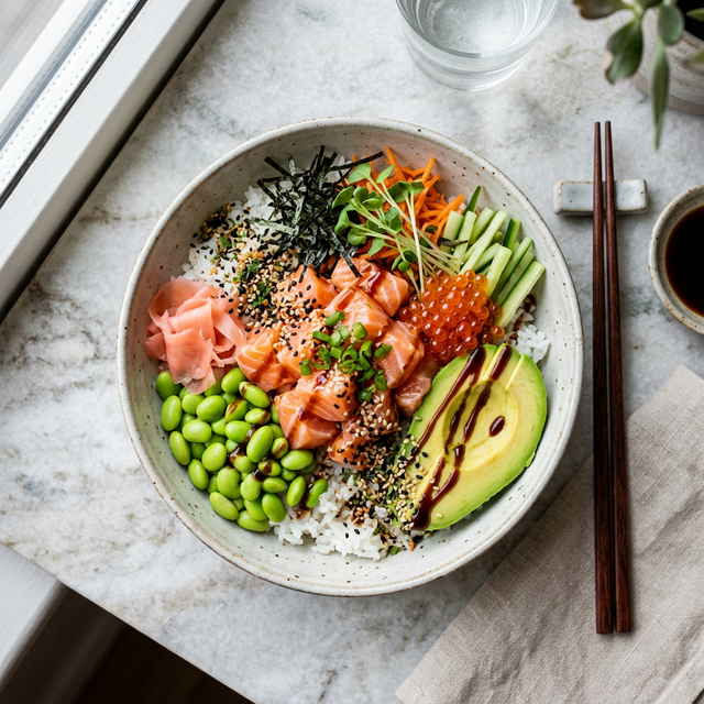 Lachs Poke Bowl mit Avocado und Sesam
