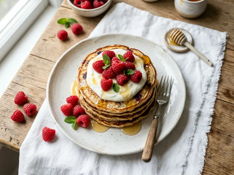 Protein-Pancakes mit Himbeeren und griechischem Joghurt