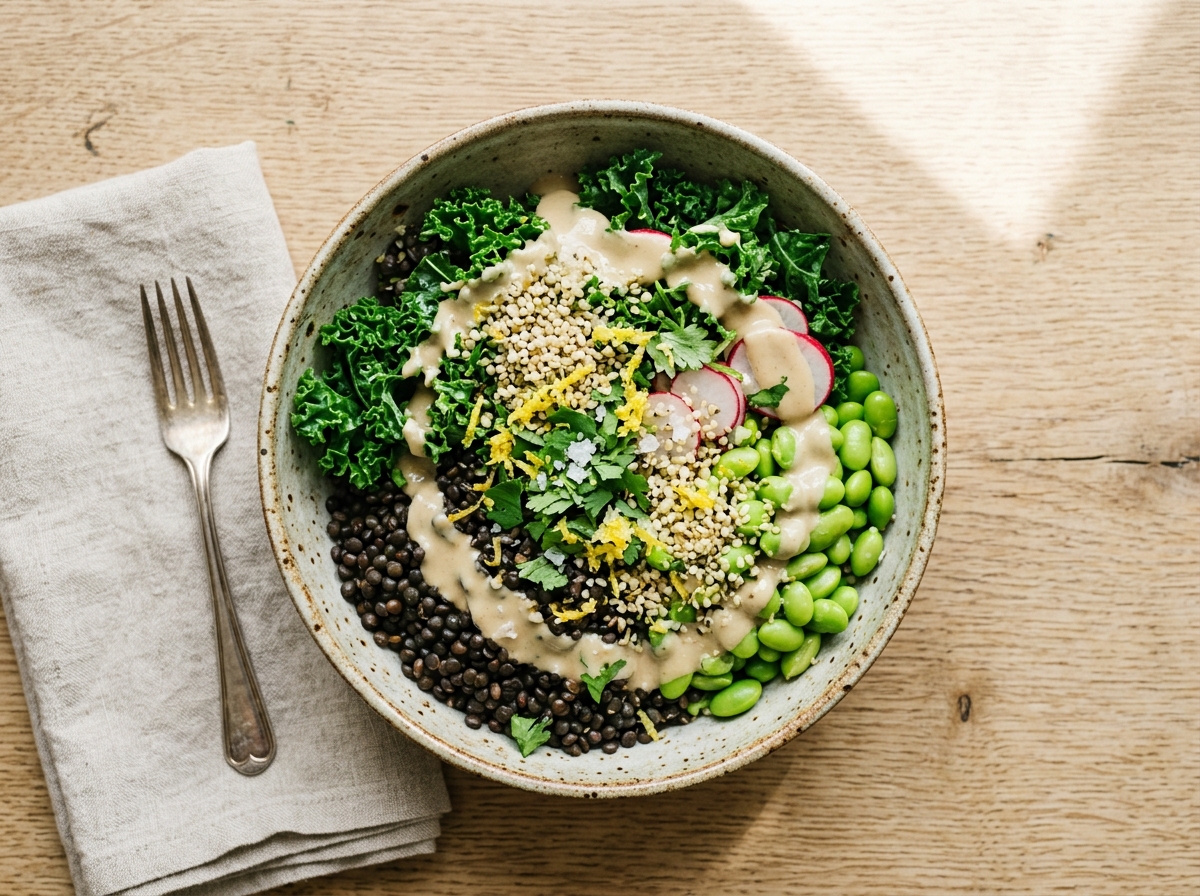 Protein-Power-Bowl mit Linsen, Grünkohl und Zitrone