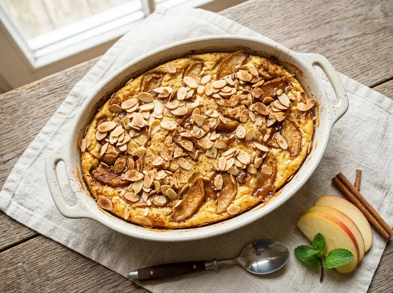 Protein-Quark-Auflauf mit Zimt-Äpfeln und Mandelkruste