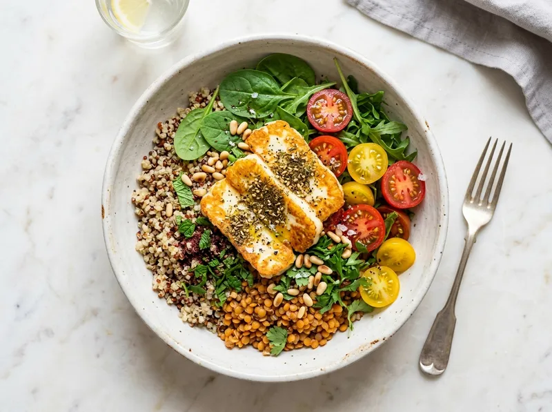 Proteinreiche Linsen-Quinoa-Bowl mit Za'atar-Halloumi