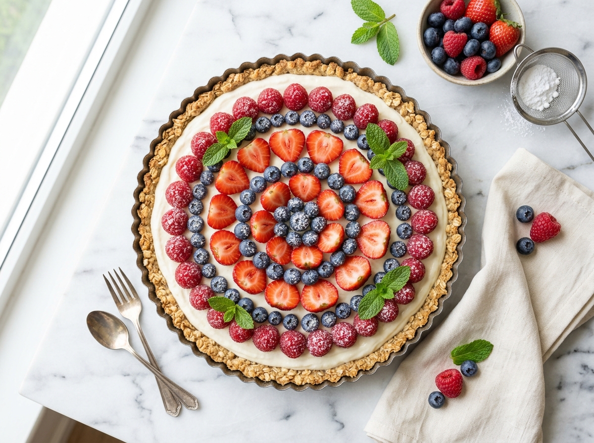 Proteinreiche Quark-Beeren-Tarte mit Hafer-Mandel-Boden