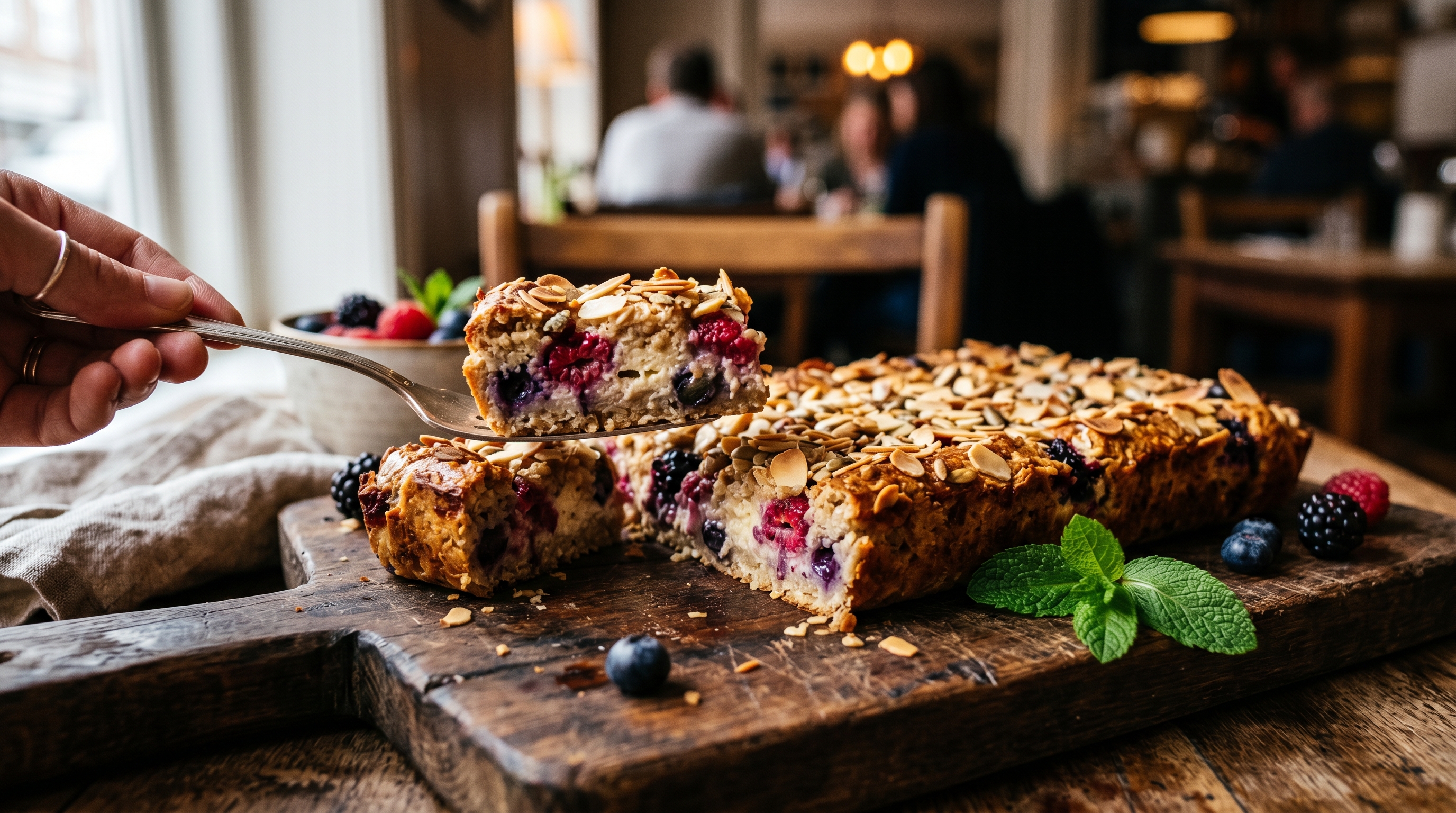 Proteinreiche Quark-Hafer-Schnitten mit Beeren und Mandeln