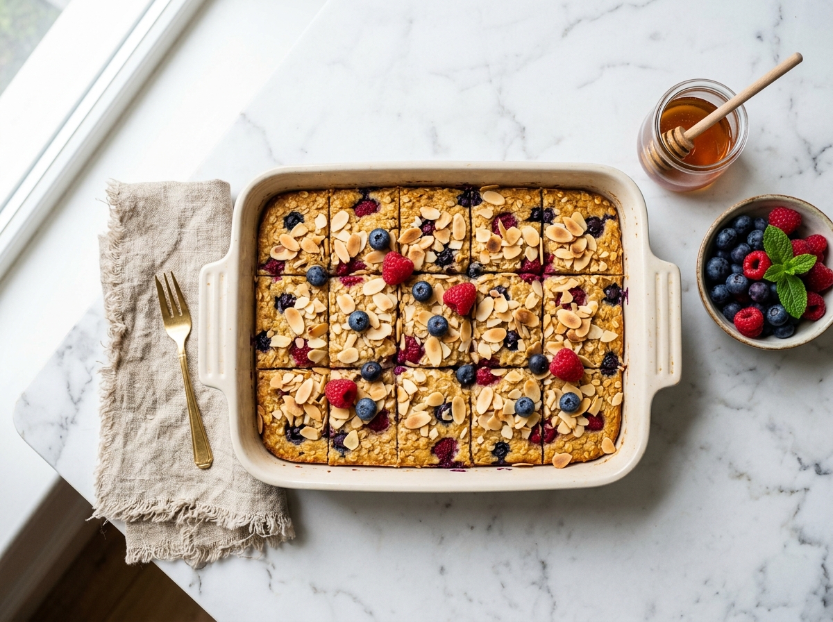Proteinreiche Quark-Hafer-Schnitten mit Beeren und Mandeln