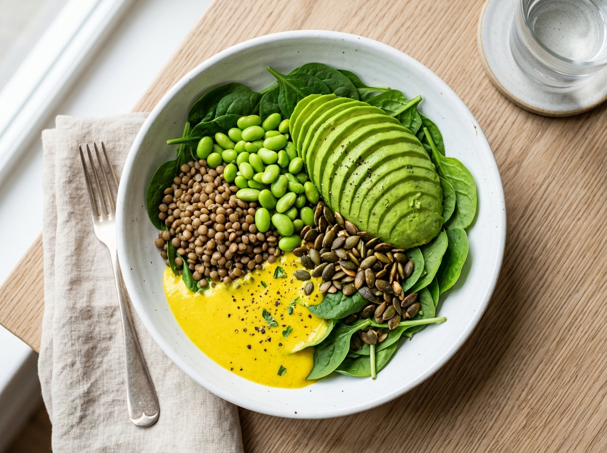 Proteinreicher Edamame-Linsen-Bowl mit Avocado und Kurkuma-Zitronendressing