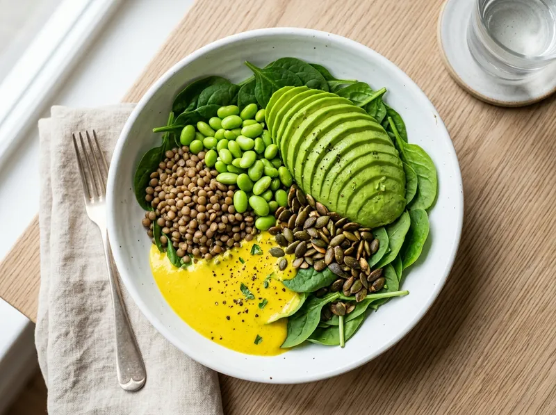 Proteinreicher Edamame-Linsen-Bowl mit Avocado und Kurkuma-Zitronendressing