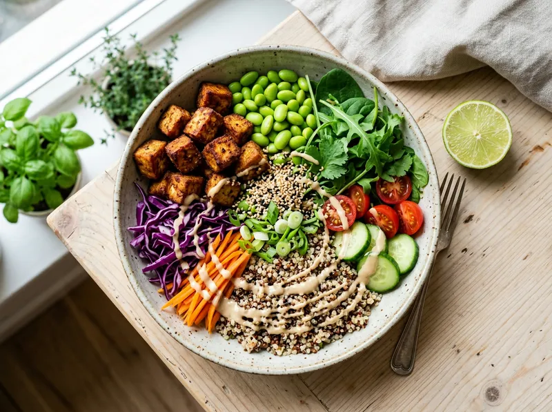 Proteinreicher Edamame-Tofu-Bowl mit Sesam-Ingwer-Dressing