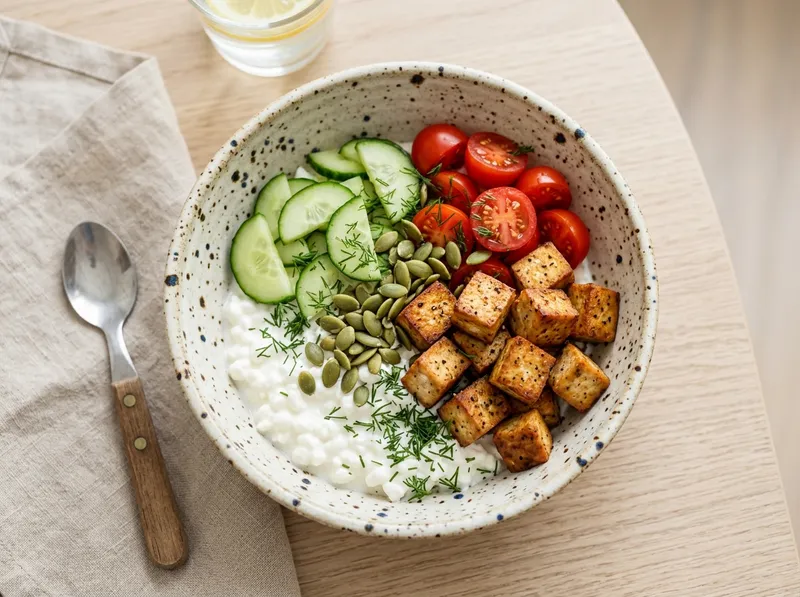 Proteinreicher Hüttenkäse-Bowl mit Räuchertofu und knackigem Gemüse