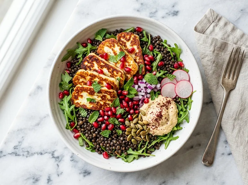 Proteinreicher Linsen-Halloumi-Bowl mit Rucola und Granatapfel