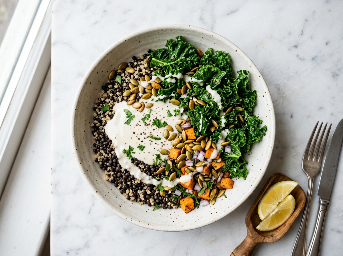 Proteinreicher Linsen-Quinoa-Bowl mit Zitronen-Tahini und knackigem Grünkohl