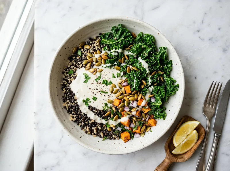 Proteinreicher Linsen-Quinoa-Bowl mit Zitronen-Tahini und knackigem Grünkohl