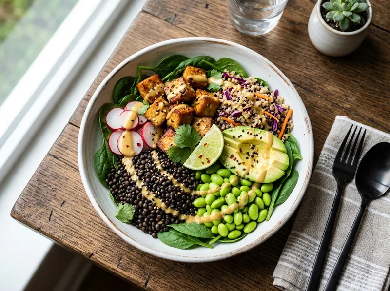 Proteinreicher Linsen-Tofu-Bowl mit Edamame und Ingwer-Zitronendressing
