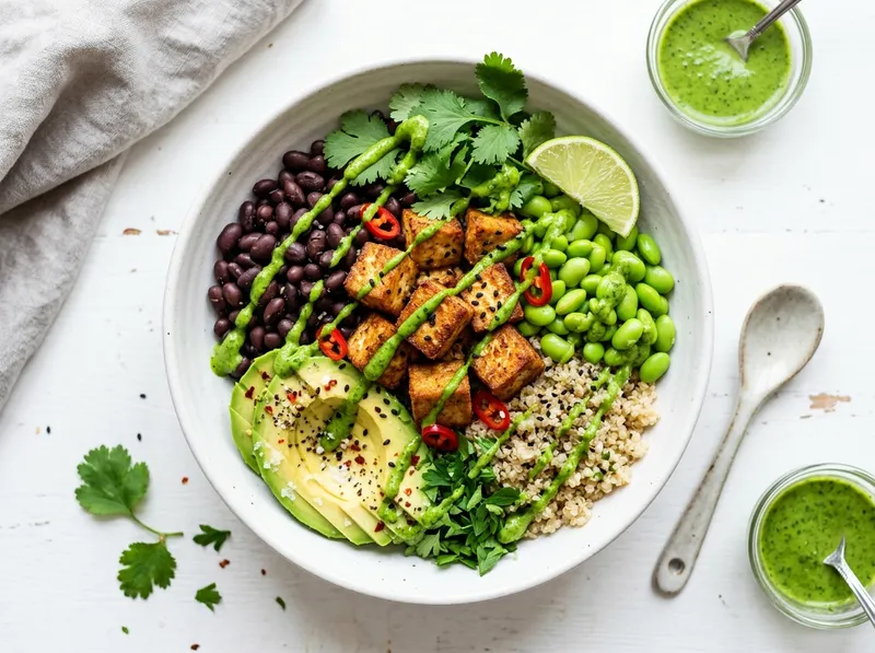 Proteinreicher Schwarze-Bohnen-Tofu-Bowl mit Limetten-Koriander-Crema